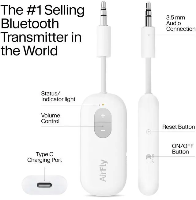 Alt view image 11 of 14 - AirFly SE | Bluetooth Wireless Audio Transmitter Adapter for AirPods/Headphones, 20+ Hr Battery, Works with 3.5mm aux Jacks on Airplanes, TVs, Gym Equipment, and Travel
