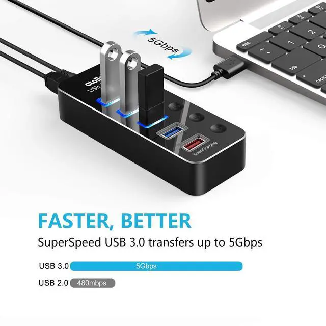 Alt view image 9 of 14 - Powered USB Hub, Aluminum 5-Port USB 3.0 Hub with 4 USB 3.0 Data Ports and 1 USB Smart Charging Port, USB Splitter with 5V/3A Power Adapter and Individual Switches