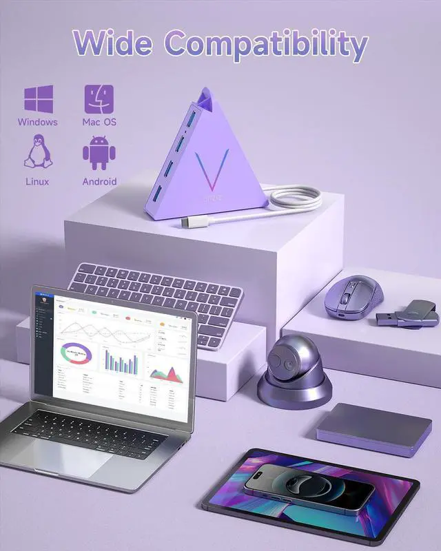 Alt view image 13 of 14 - USB C Hub, USB Type C to 4-Port USB 3.0 Adapter for MacBook, Surface, Laptop, Flash Drive, Mouse, Keyboard, HDD (2ft, Light Purple)