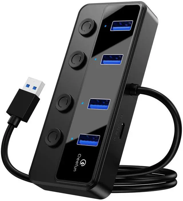 Alt view image 8 of 14 - 4-Port USB 3.0 Hub, Individual LED Power Switches, 5Gbps Data Transfer USB Splitter with 2ft Extension Cable, Multiple USB Extender for Laptop, PC, iMac, USB Flash Drives and More