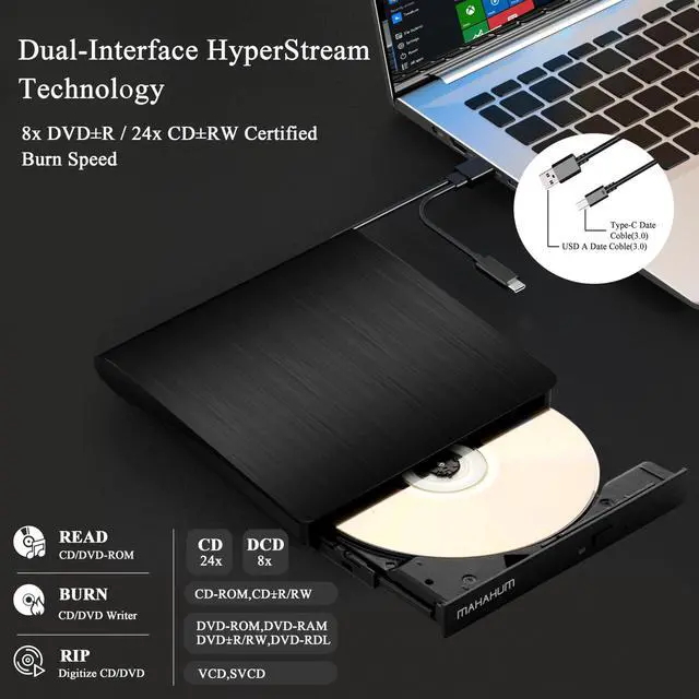 Alt view image 11 of 14 - External CD/DVD +/-RW Drive for Laptop, USB 3.0 & USB-C Portable CD DVD Writer Burner Reader, Ultra-Slim External DVD Drive Compatible with PC, MacBook Pro/Air, Windows 11/10/8/7, Linux(Black)