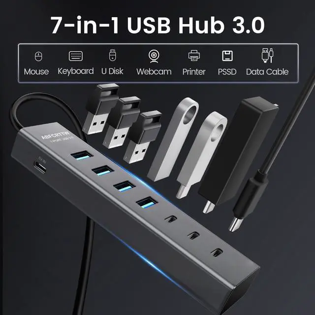 Alt view image 11 of 14 - USB C to USB Hub Multiport Adapter, Aluminium 7-Port USB C Hub Multiport Adapter, USB Extenders, USB c Splitter for Thunderbolt, MacBook Pro/Air, Laptop, iPad, iMac, U Flash, PSSD, Keyboard, Mouse