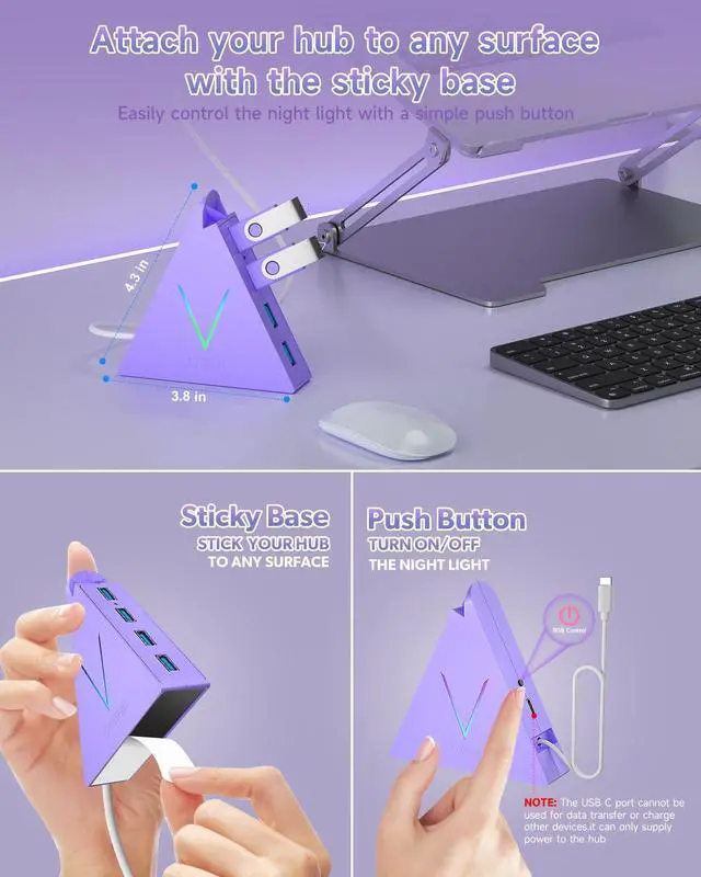 Alt view image 9 of 14 - USB C Hub, USB Type C to 4-Port USB 3.0 Adapter for MacBook, Surface, Laptop, Flash Drive, Mouse, Keyboard, HDD (2ft, Light Purple)