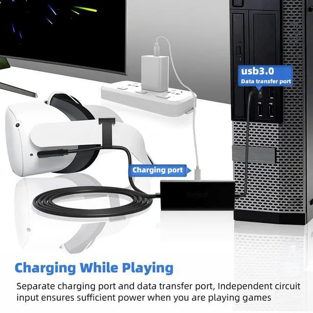 Alt view image 8 of 12 - Design 20FT Link Cable for Quest 3S/3, Quest 2, Quest Pro, with Separate Charging Port for Uninterrupted Power, USB 3.0 Type A to C Cable for VR Headset Accessories and Gaming PC