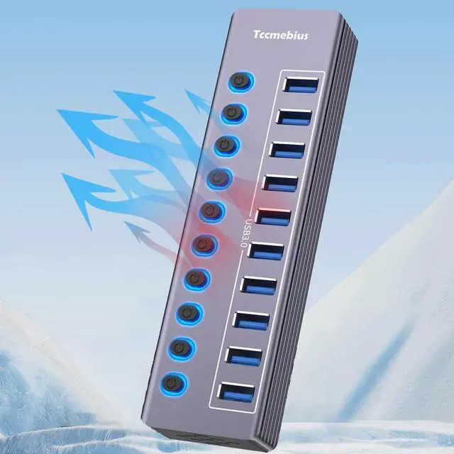 Alt view image 13 of 14 - Powered 10-Port USB 3.0 Hub, USB C to 10 Ports USB Data Hub Splitter with Individual LED On/Off Switche, 3.3FT Cable, 12V/3A Power Adapter, for Laptop MacBook Pro/Air PC (Aluminum Gary)