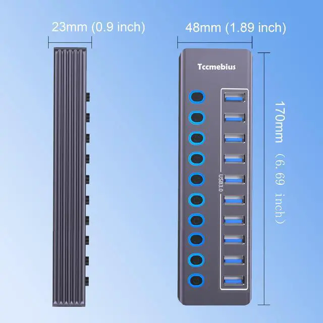 Alt view image 12 of 14 - Powered 10-Port USB 3.0 Hub, USB C to 10 Ports USB Data Hub Splitter with Individual LED On/Off Switche, 3.3FT Cable, 12V/3A Power Adapter, for Laptop MacBook Pro/Air PC (Aluminum Gary)