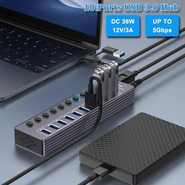 Alt view image 10 of 14 - Powered 10-Port USB 3.0 Hub, USB C to 10 Ports USB Data Hub Splitter with Individual LED On/Off Switche, 3.3FT Cable, 12V/3A Power Adapter, for Laptop MacBook Pro/Air PC (Aluminum Gary)
