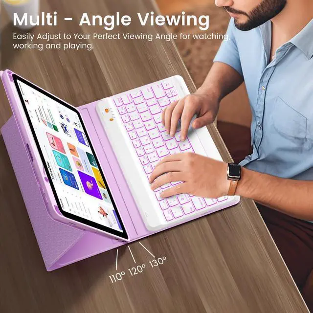 Alt view image 13 of 14 - Keyboard Case for iPad Air 11 inch (M2 2024)/10.9 inch Air 5th/4th Gen/iPad Pro 11 1st/2nd/3rd Gen - 7-Color Backlit Detachable Keyboard, Folio Cover with Pencil Holder - Purple