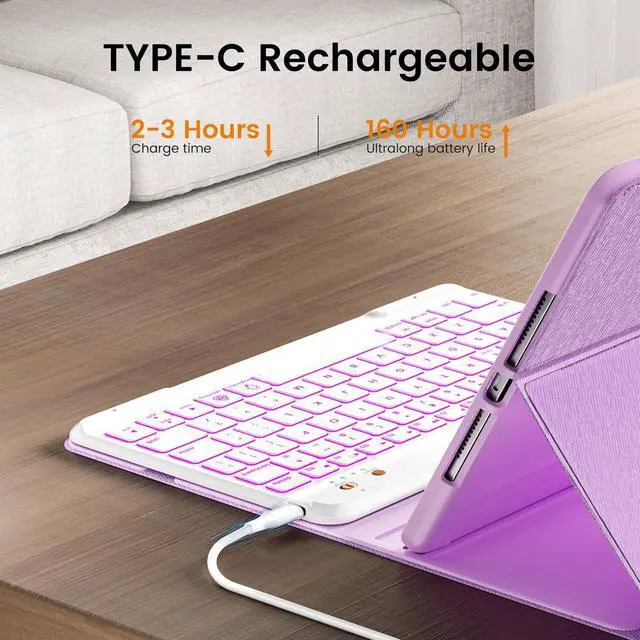 Alt view image 12 of 14 - Keyboard Case for iPad Air 11 inch (M2 2024)/10.9 inch Air 5th/4th Gen/iPad Pro 11 1st/2nd/3rd Gen - 7-Color Backlit Detachable Keyboard, Folio Cover with Pencil Holder - Purple
