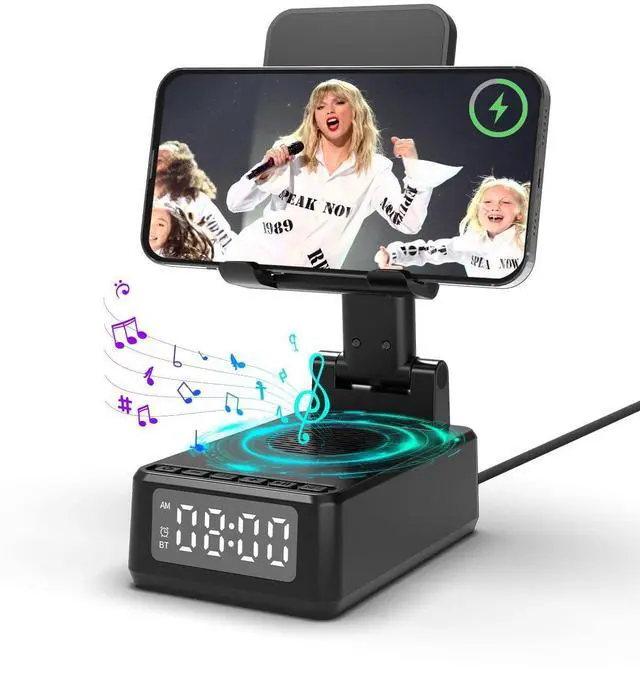 Alt view image 8 of 14 - Birthday Gifts for Men Women,Cell Phone Stand with Wireless Bluetooth Speaker,Wireless Phone Charger Stand Alarm Clock for iPhone,Holiday Gifts for Men Women Dad Mom Husband Teen Cool Tech Gadgets
