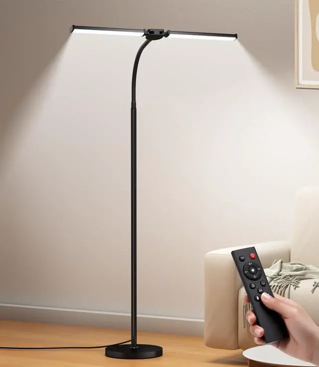 Alt view image 7 of 12 - LED Floor Lamp for Living Room, Bright Reading Lamps for Office, Adjustable Colors Temperatures&Brightness, Dual Head Goose-Neck Standing Lamp, Remote and Button Control, Eye Caring Tall Lamp, Black