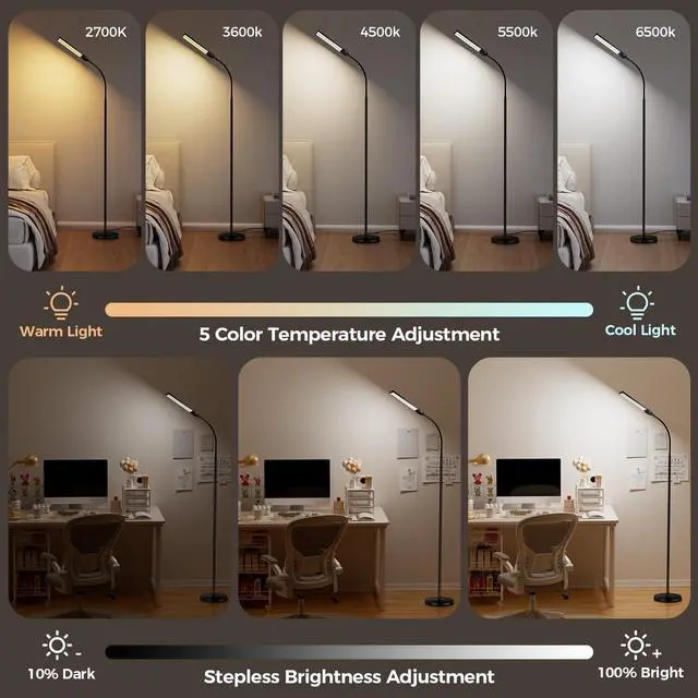 Alt view image 9 of 12 - LED Floor Lamp for Living Room, Bright Reading Lamps for Office, Adjustable Colors Temperatures&Brightness, Dual Head Goose-Neck Standing Lamp, Remote and Button Control, Eye Caring Tall Lamp, Black
