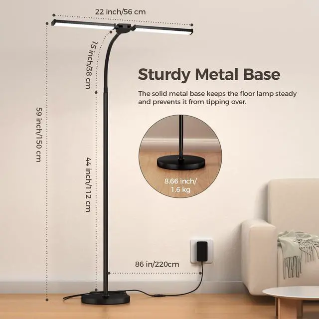 Alt view image 10 of 12 - LED Floor Lamp for Living Room, Bright Reading Lamps for Office, Adjustable Colors Temperatures&Brightness, Dual Head Goose-Neck Standing Lamp, Remote and Button Control, Eye Caring Tall Lamp, Black
