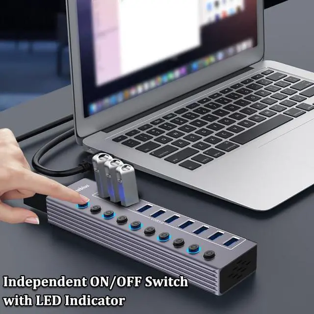 Alt view image 9 of 14 - Powered 10-Port USB 3.0 Hub, USB C to 10 Ports USB Data Hub Splitter with Individual LED On/Off Switche, 3.3FT Cable, 12V/3A Power Adapter, for Laptop MacBook Pro/Air PC (Aluminum Gary)