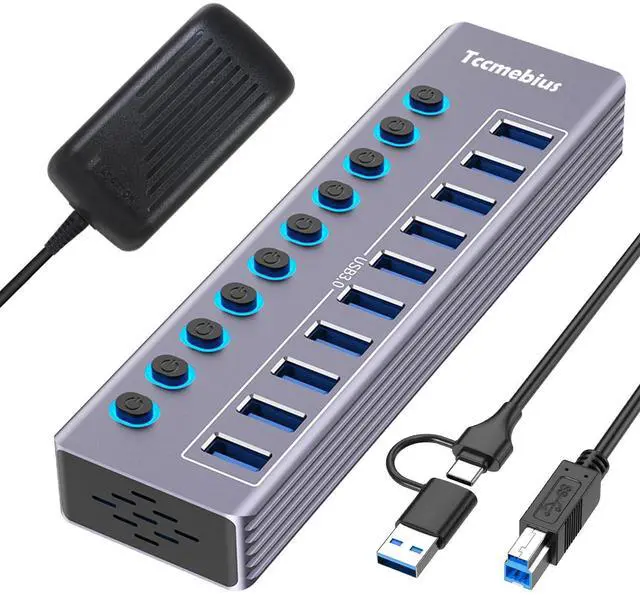 Alt view image 8 of 14 - Powered 10-Port USB 3.0 Hub, USB C to 10 Ports USB Data Hub Splitter with Individual LED On/Off Switche, 3.3FT Cable, 12V/3A Power Adapter, for Laptop MacBook Pro/Air PC (Aluminum Gary)