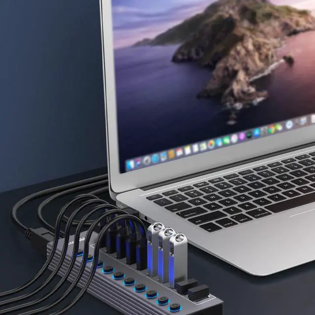 Alt view image 14 of 14 - Powered 10-Port USB 3.0 Hub, USB C to 10 Ports USB Data Hub Splitter with Individual LED On/Off Switche, 3.3FT Cable, 12V/3A Power Adapter, for Laptop MacBook Pro/Air PC (Aluminum Gary)