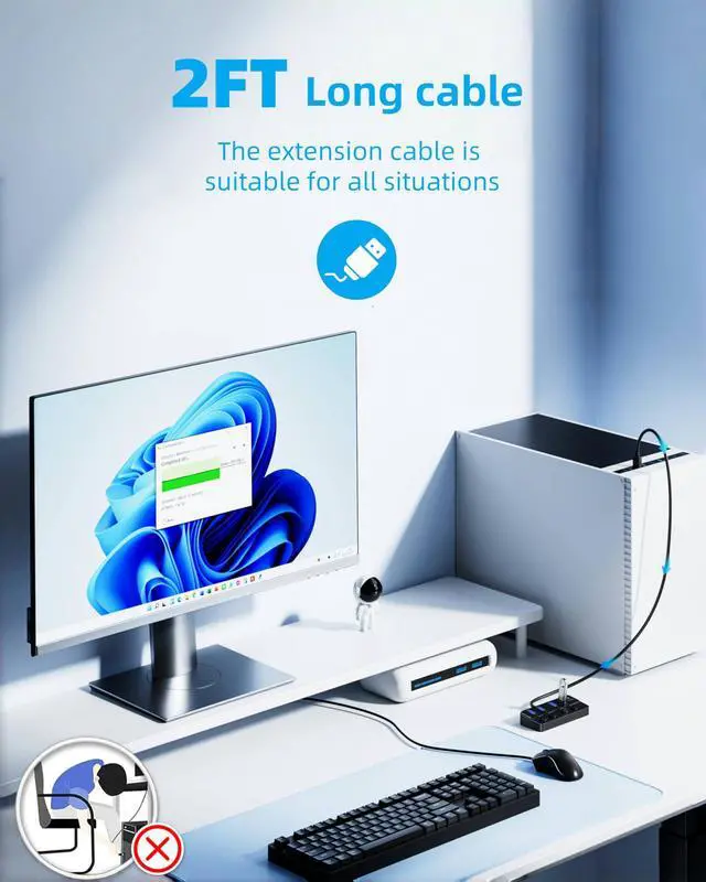 Alt view image 11 of 14 - 4-Port USB 3.0 Hub, Individual LED Power Switches, 5Gbps Data Transfer USB Splitter with 2ft Extension Cable, Multiple USB Extender for Laptop, PC, iMac, USB Flash Drives and More