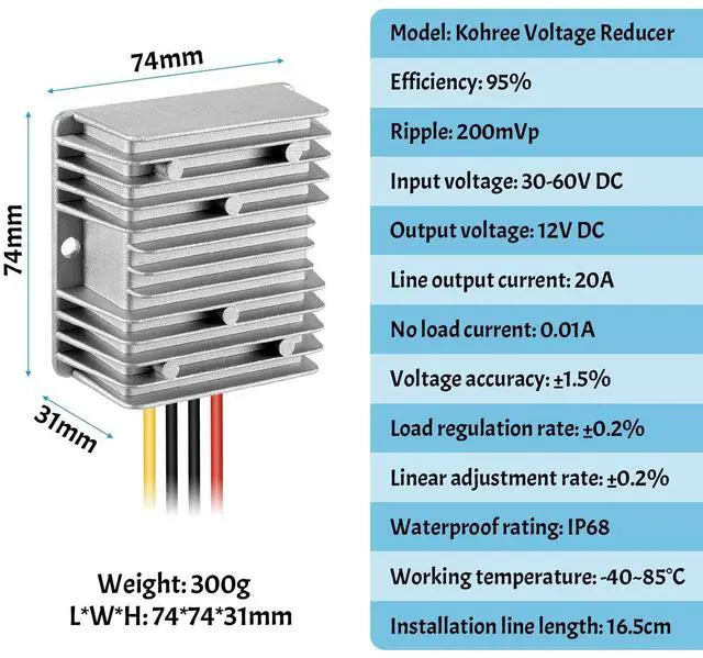 Alt view image 10 of 14 - DC 36V/48V Step Down to 12V 20A 240W Converter Regulator Reducer Voltage Regulator Reducer for Golf Cart Waterproof Power Supply Transformer Volt Module