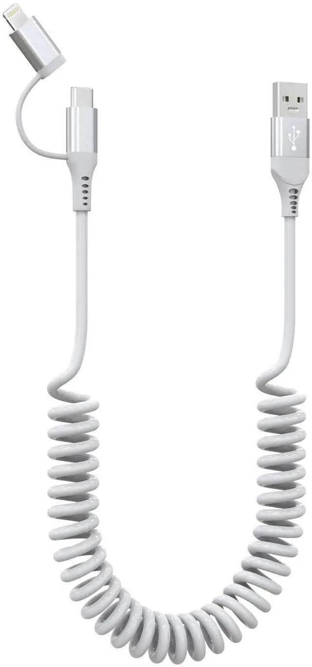 Alt view image 8 of 14 - USB to Lightning and USB C Cable 2 in 1 Coiled iPhone Charger Cord - Car Charger Lightning USB C Combo Support Apple Carplay & Android Auto & Data Sync, for iPhone 16 15 14 13 12 11 Android, White