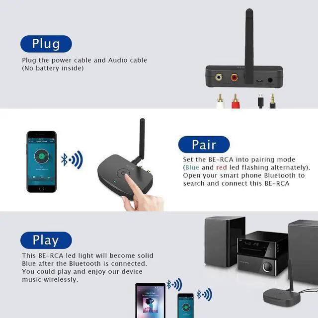 Alt view image 10 of 14 - BE-RCA Long Range Bluetooth Music Receiver, Wireless Audio Adapter for Wired Speakers or Home Music Streaming Stereo System, Black