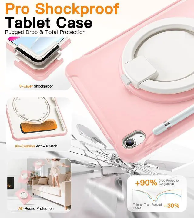 Alt view image 10 of 14 - Shockproof Case for iPad 10th Gen 10.9" 2022 / 11th Gen (A16) 11" 2025 | 360° Multi-Angle Stand (Portrait & Landscape) & Grip, Built-in Screen Protector, Pencil Holder, Pink