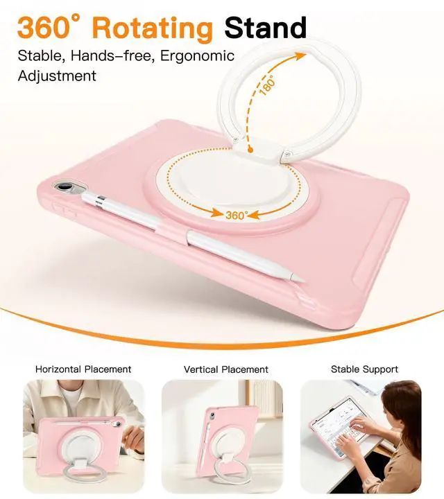 Alt view image 11 of 14 - Shockproof Case for iPad 10th Gen 10.9" 2022 / 11th Gen (A16) 11" 2025 | 360° Multi-Angle Stand (Portrait & Landscape) & Grip, Built-in Screen Protector, Pencil Holder, Pink