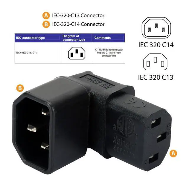 Alt view image 9 of 14 - 2 Pack IEC 320 C14 Male to C13 Female 90 Degree Angled Power Extension Connector Adapter 10A 250V for Monitor/Computer/PDU Chassis/Printer