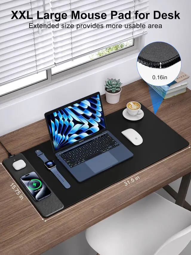 Alt view image 10 of 14 - Wireless Charging Mouse Pad, Waterproof Gaming Mousepad with Ultra-Smooth Surface, Non-Slip Base, 31.5"x15.75" XXL Large Desk Pad, Classic Black Computer Desk Mat for MacBook, PC, Laptop