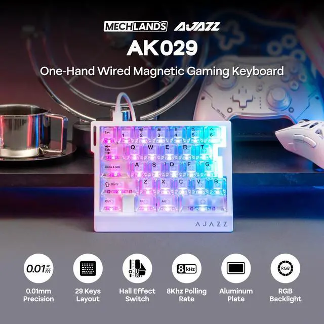 Alt view image 9 of 14 - AK029 One Handed Gaming Keyboard, 8Khz Polling, 29 Keys Rapid Fast Wired Keyboard, SOCD & DKS, Magnetic Switch, Adjustable Actuation, RGB Backlits, Aluminum Plate (White Transparent)