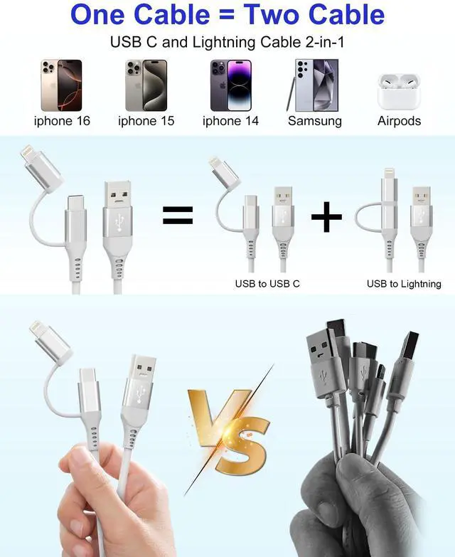 Alt view image 12 of 14 - USB to Lightning and USB C Cable 2 in 1 Coiled iPhone Charger Cord - Car Charger Lightning USB C Combo Support Apple Carplay & Android Auto & Data Sync, for iPhone 16 15 14 13 12 11 Android, White