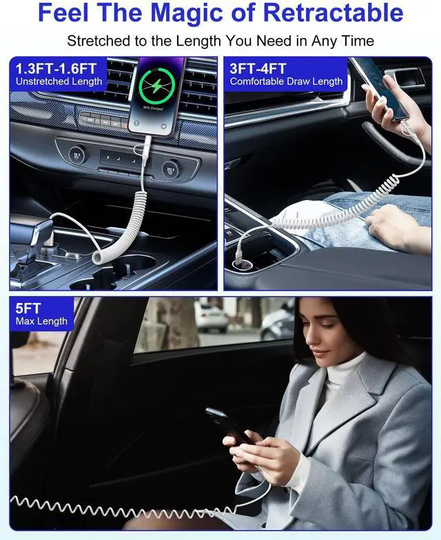 Alt view image 11 of 14 - USB to Lightning and USB C Cable 2 in 1 Coiled iPhone Charger Cord - Car Charger Lightning USB C Combo Support Apple Carplay & Android Auto & Data Sync, for iPhone 16 15 14 13 12 11 Android, White
