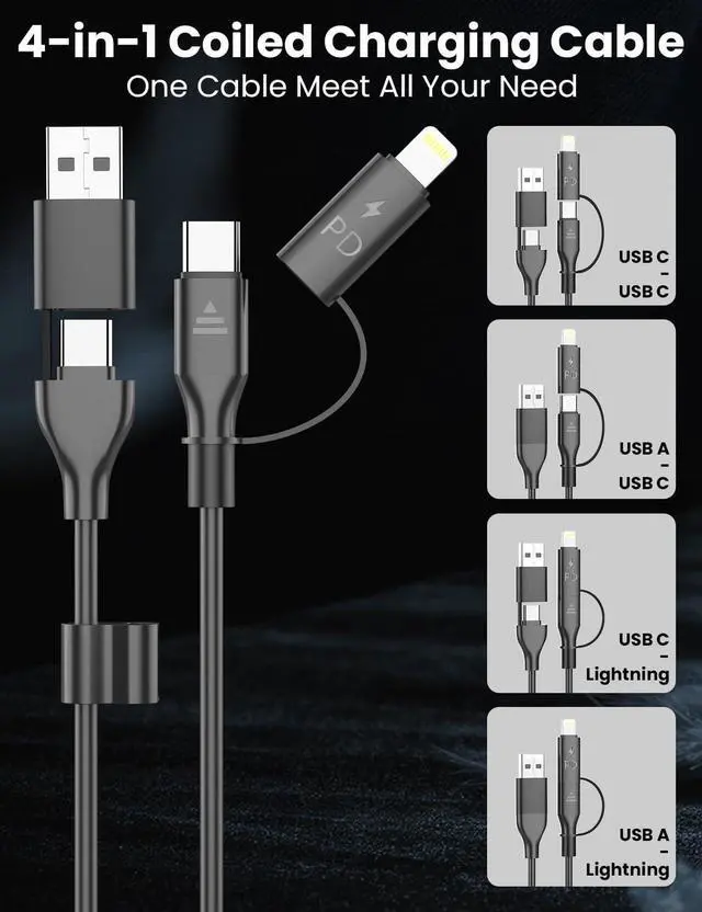 Alt view image 9 of 14 - 2 Pack Coiled USB-C and Lightning Cable 2-in-1, 3FT iPhone 17 16 15 Car Charger Cord, 60W Fast Charging Cable for iPhone 17, Samsung Galaxy, Supports Apple CarPlay & Android Auto (Black)