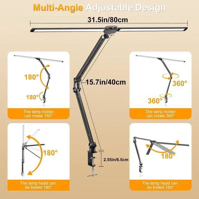 Alt view image 11 of 14 - LED Desk Lamp for Office Home, 31.5" Architect Desk Light with Clamp Dual Screen Computer Monitor, 15W 5 Color X 10 Brightness Levels Desk Lamp for Reading, Study, 1000LM Bright, Memory Function