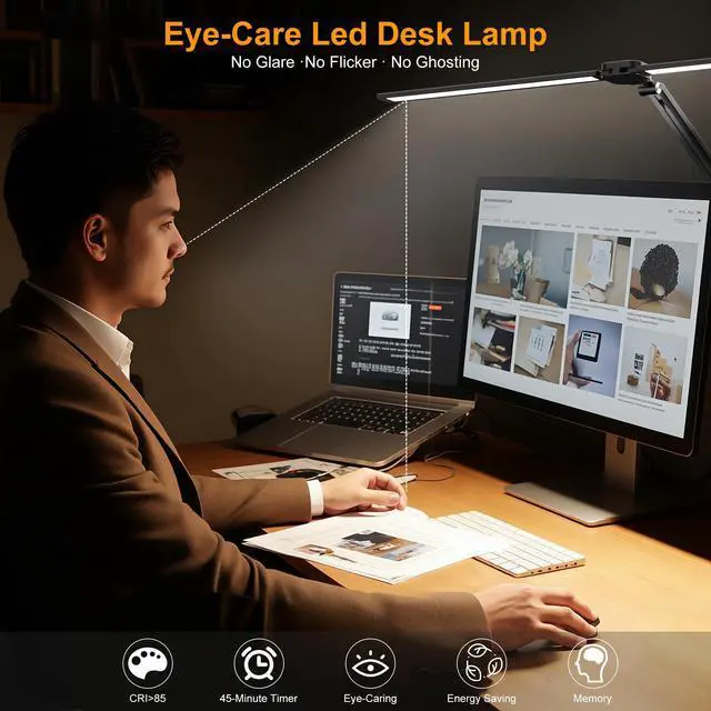Alt view image 12 of 14 - LED Desk Lamp for Office Home, 31.5" Architect Desk Light with Clamp Dual Screen Computer Monitor, 15W 5 Color X 10 Brightness Levels Desk Lamp for Reading, Study, 1000LM Bright, Memory Function