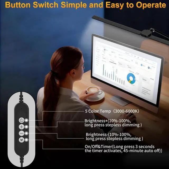 Alt view image 13 of 14 - LED Desk Lamp for Office Home, 31.5" Architect Desk Light with Clamp Dual Screen Computer Monitor, 15W 5 Color X 10 Brightness Levels Desk Lamp for Reading, Study, 1000LM Bright, Memory Function