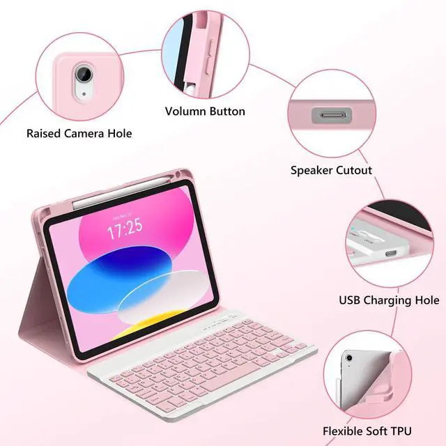 Alt view image 14 of 14 - for iPad A16 11th 10th Generation Case with Keyboard - Detachable Folio Keyboard Cover with Pencil Holder for iPad 11-inch A16 2025 10th Gen 10.9 Inch 2022(Pink)