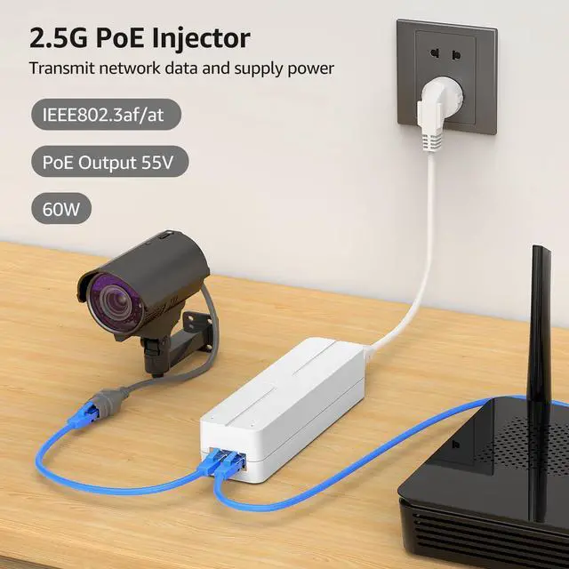 Alt view image 8 of 12 - 2.5G PoE Injector 60W, PoE+ Injector Converts Non-PoE to PoE+, 55V IEEE 802.3at/af, 10/100/1000/2500Mbps Ethernet PoE Adapter Plug & Play, Power Over Ethernet Up to 325 Feet