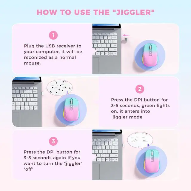 Alt view image 9 of 14 - Wireless Mouse Jiggler - LED Wireless Mice with Build-in Mouse Jiggler Mover, Rechargeable Moving Mouse for Computer with Undetectable Random Movement Keeps Computer Awake - Gradient Pink