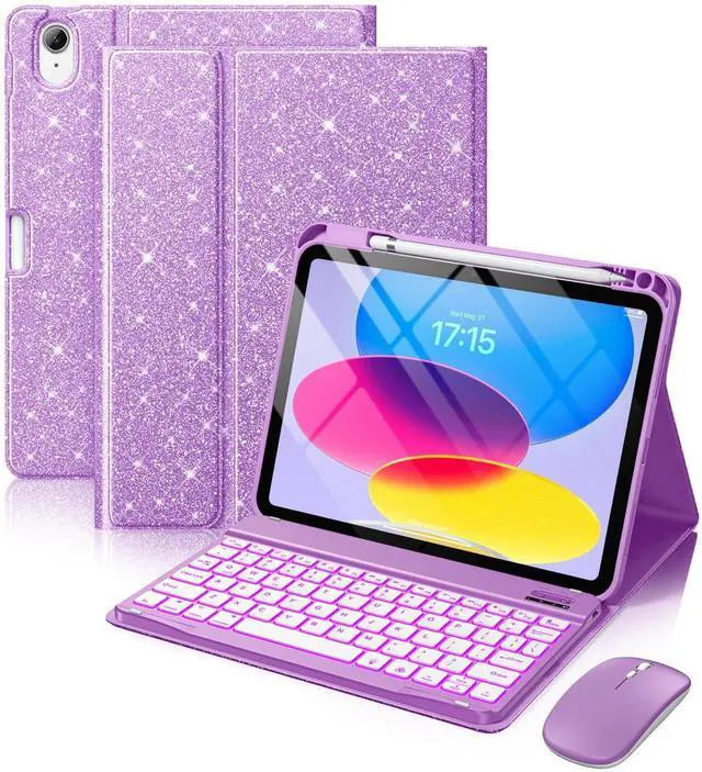 Alt view image 8 of 14 - for iPad A16 Case with Keyboard - Mouse Backlit Wireless Detachable Keyboard Glitter Folio Cover with Pencil Holder for iPad 11th Gen A16 11-inch 2025 10th Generation 10.9 Inch 2022 - Purple
