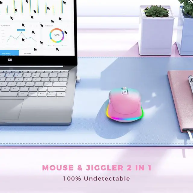 Alt view image 10 of 14 - Wireless Mouse Jiggler - LED Wireless Mice with Build-in Mouse Jiggler Mover, Rechargeable Moving Mouse for Computer with Undetectable Random Movement Keeps Computer Awake - Gradient Pink