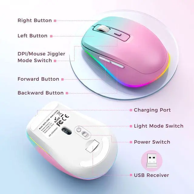 Alt view image 13 of 14 - Wireless Mouse Jiggler - LED Wireless Mice with Build-in Mouse Jiggler Mover, Rechargeable Moving Mouse for Computer with Undetectable Random Movement Keeps Computer Awake - Gradient Pink