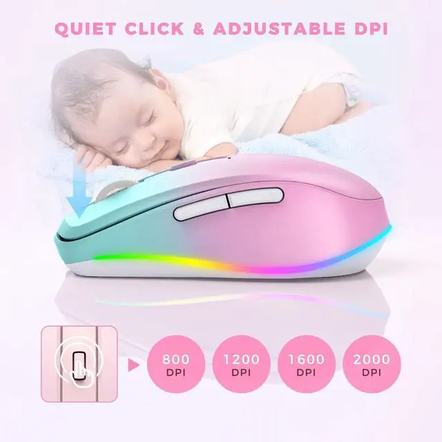 Alt view image 12 of 14 - Wireless Mouse Jiggler - LED Wireless Mice with Build-in Mouse Jiggler Mover, Rechargeable Moving Mouse for Computer with Undetectable Random Movement Keeps Computer Awake - Gradient Pink