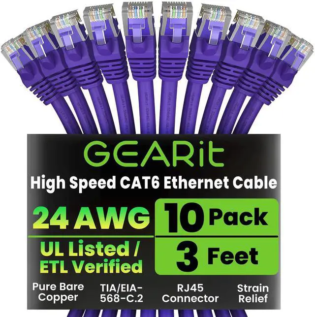 Alt view image 8 of 14 - Cat 6 Ethernet Cable (10-Pack 3 Feet) Cat6 Network Patch, 10Gbps, RJ45, Snagless Cord, Gold-Plated Connectors, Internet for PC, TV, Tablet, Router, Printer, Servers, IT Data Center - Purple