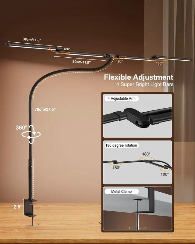 Alt view image 12 of 14 - Desk Lamp Clamp Light 24W, Ultra Wide 4 Head Bars, 5 Color Modes Dimming, Multi-Screen Setup Desk Light for Office, Architect (Black, Adapter Included)