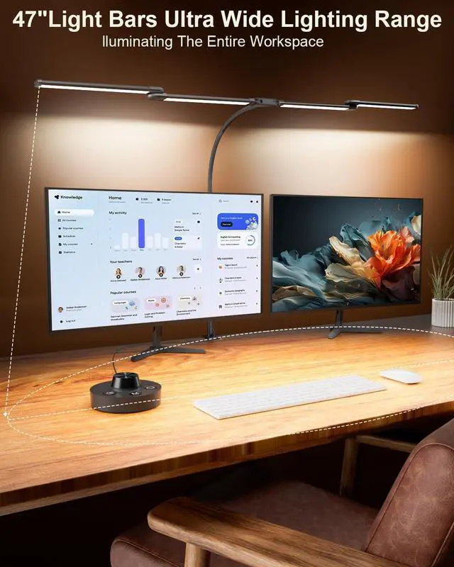 Alt view image 9 of 14 - Desk Lamp Clamp Light 24W, Ultra Wide 4 Head Bars, 5 Color Modes Dimming, Multi-Screen Setup Desk Light for Office, Architect (Black, Adapter Included)