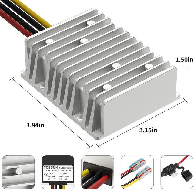 Alt view image 14 of 14 - 24V 36V 48V to 12V 30A 360W Converter Step Down Voltage Reducer with Fuse & Connectors DC to DC Buck Converter 12V Golf Cart Voltage Regulator Waterproof Transformer for Golf Cart