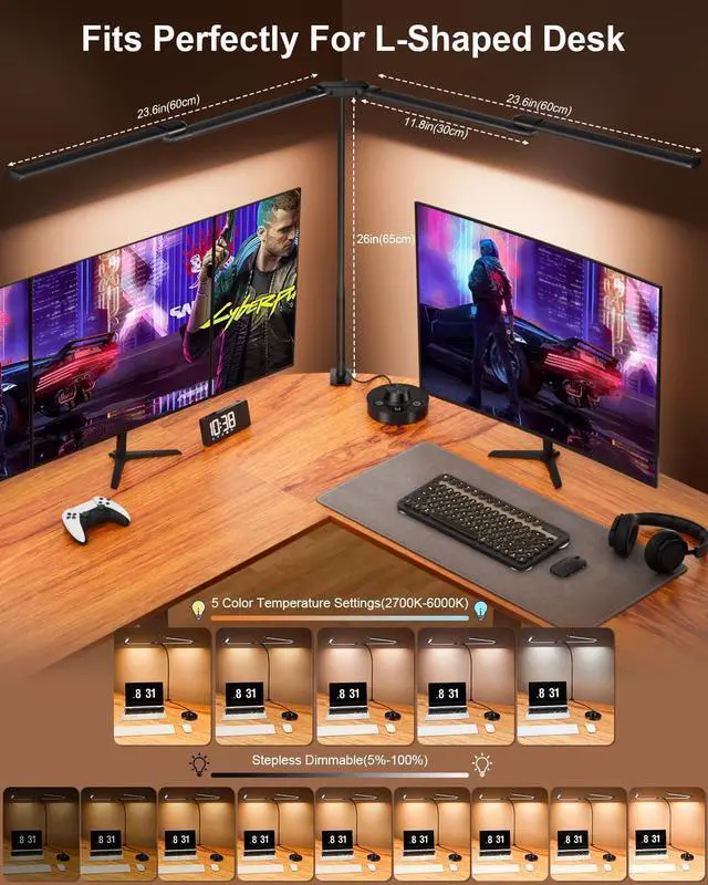 Alt view image 10 of 14 - Desk Lamp Clamp Light 24W, Ultra Wide 4 Head Bars, 5 Color Modes Dimming, Multi-Screen Setup Desk Light for Office, Architect (Black, Adapter Included)