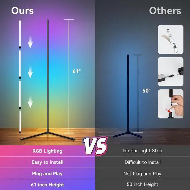 Alt view image 13 of 14 - Corner Floor Lamp,Smart RGB LED Lights with 20 Million Colors & 800+ Modes, Music Sync, Timer Setting.Bluetooth App & Remote Control - ldeal for Living Rooms Bedrooms, and Gaming Rooms