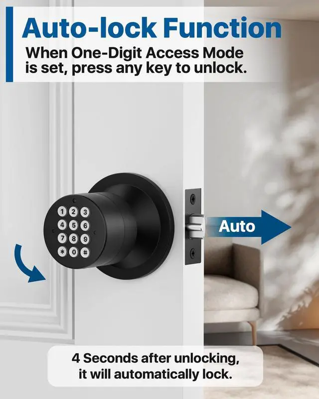 Alt view image 10 of 14 - Door Knob with Keypad, Door Knob with Lock, Keyless Entry Door Lock with Code for Front Door Garage Home Apartment, Matte Black
