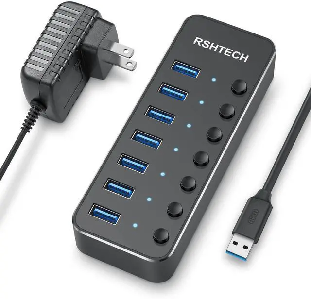 Alt view image 8 of 14 - USB 3.0 Hub, 7 Port Powered USB Hub Expander Aluminum USB 3.0 Data Port hub with Universal 5V AC Adapter and Individual On/Off Switches USB Splitter for Laptop and PC(Black)